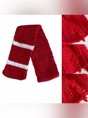 Cozy Handmade Red Infinity Crochet Scarf with White Accent Stripes
